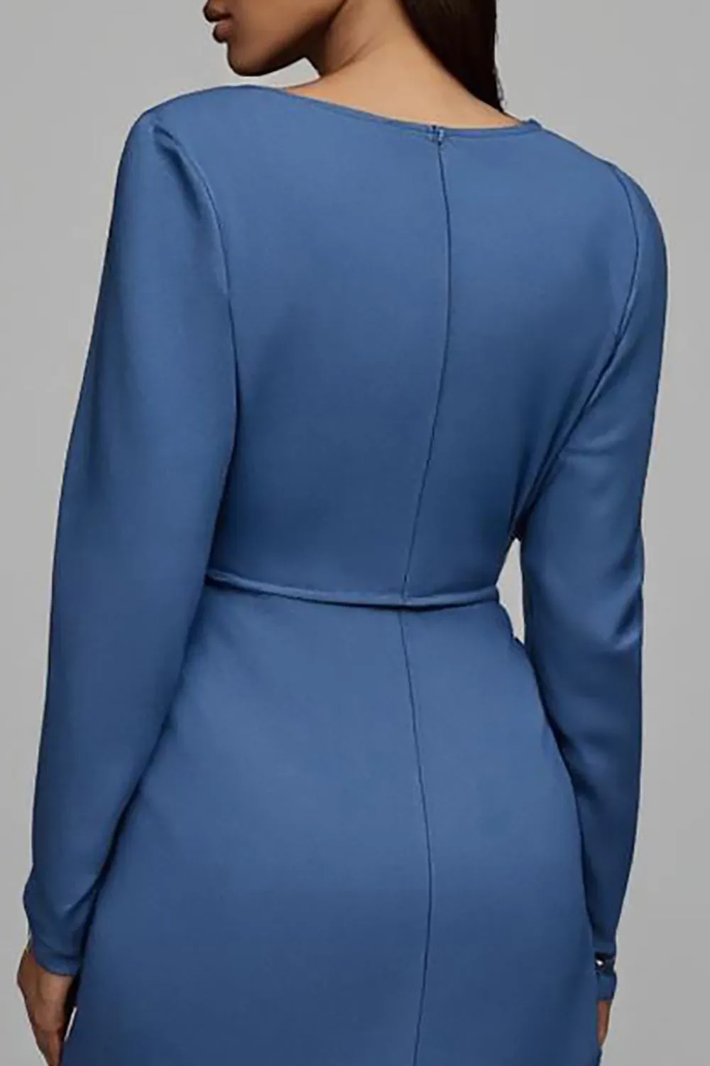Dusty Blue Ruched Satin Sheath Midi Work Dress With Sleeves sold by Zapaka product image thumbnail 4