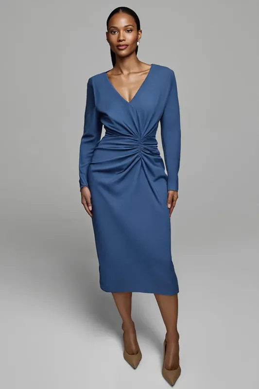 Dusty Blue Ruched Satin Sheath Midi Work Dress With Sleeves sold by Zapaka