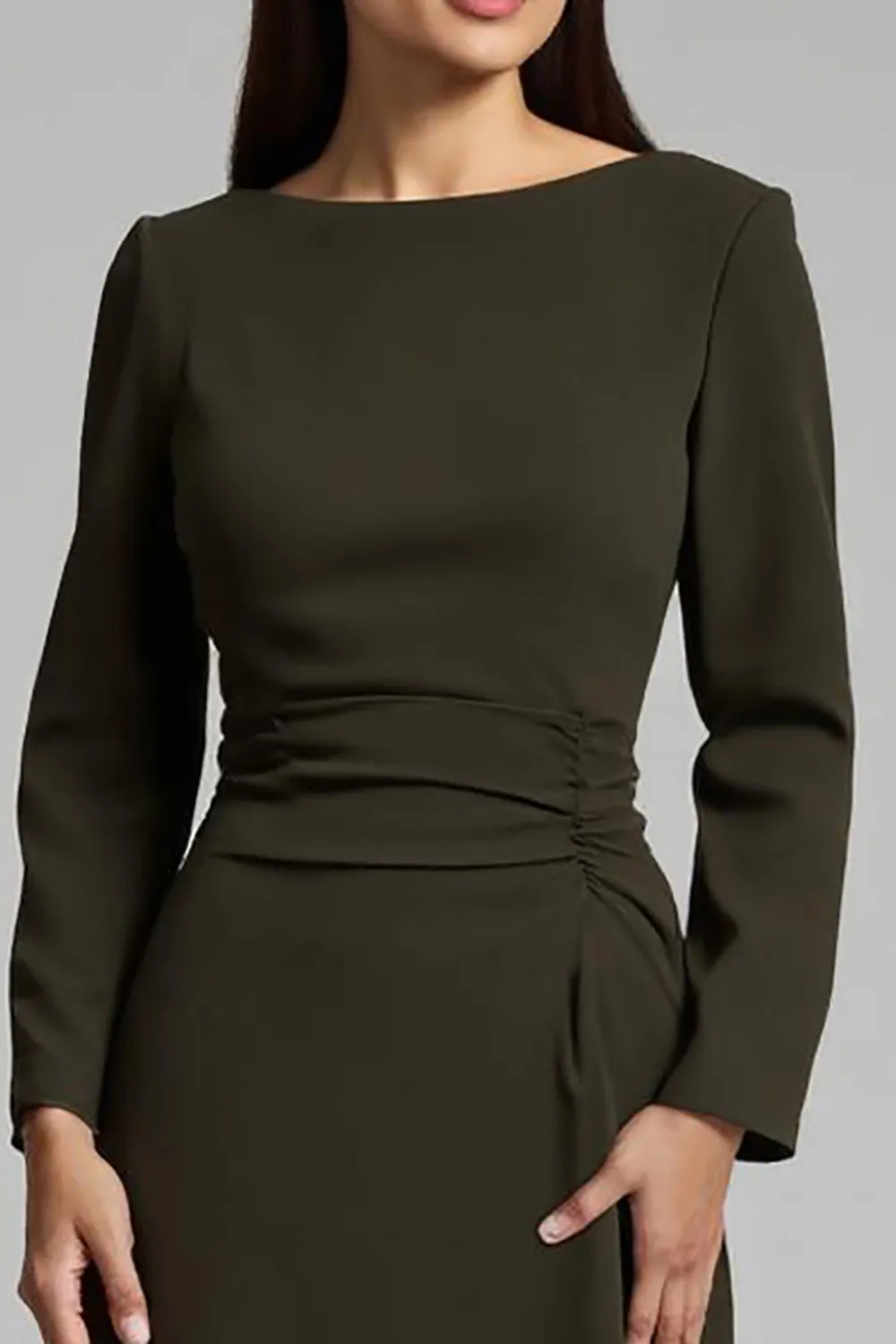 Dark Olive Satin Boat Neck Pencil Midi Work Dress With Sleeves sold by Zapaka product image thumbnail 3