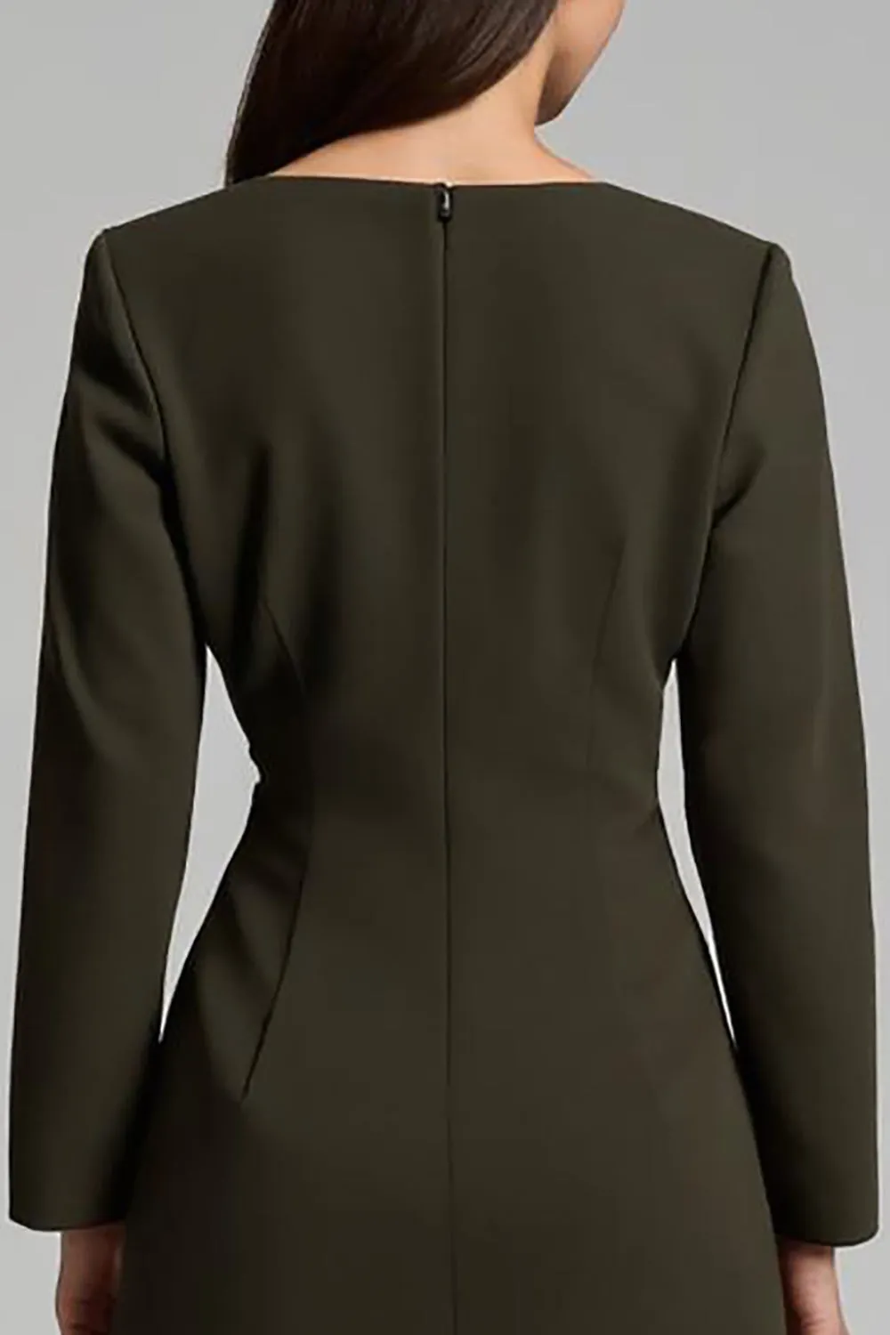 Dark Olive Satin Boat Neck Pencil Midi Work Dress With Sleeves sold by Zapaka product image thumbnail 4