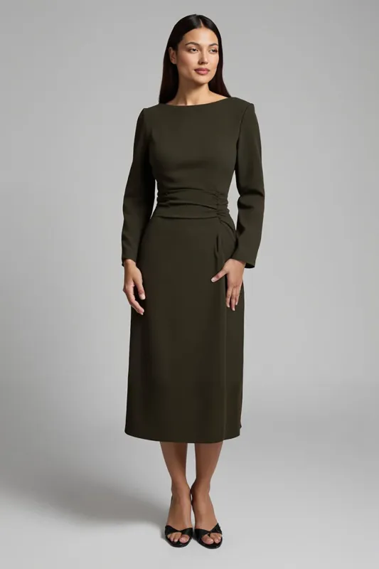 Dark Olive Satin Boat Neck Pencil Midi Work Dress With Sleeves sold by Zapaka