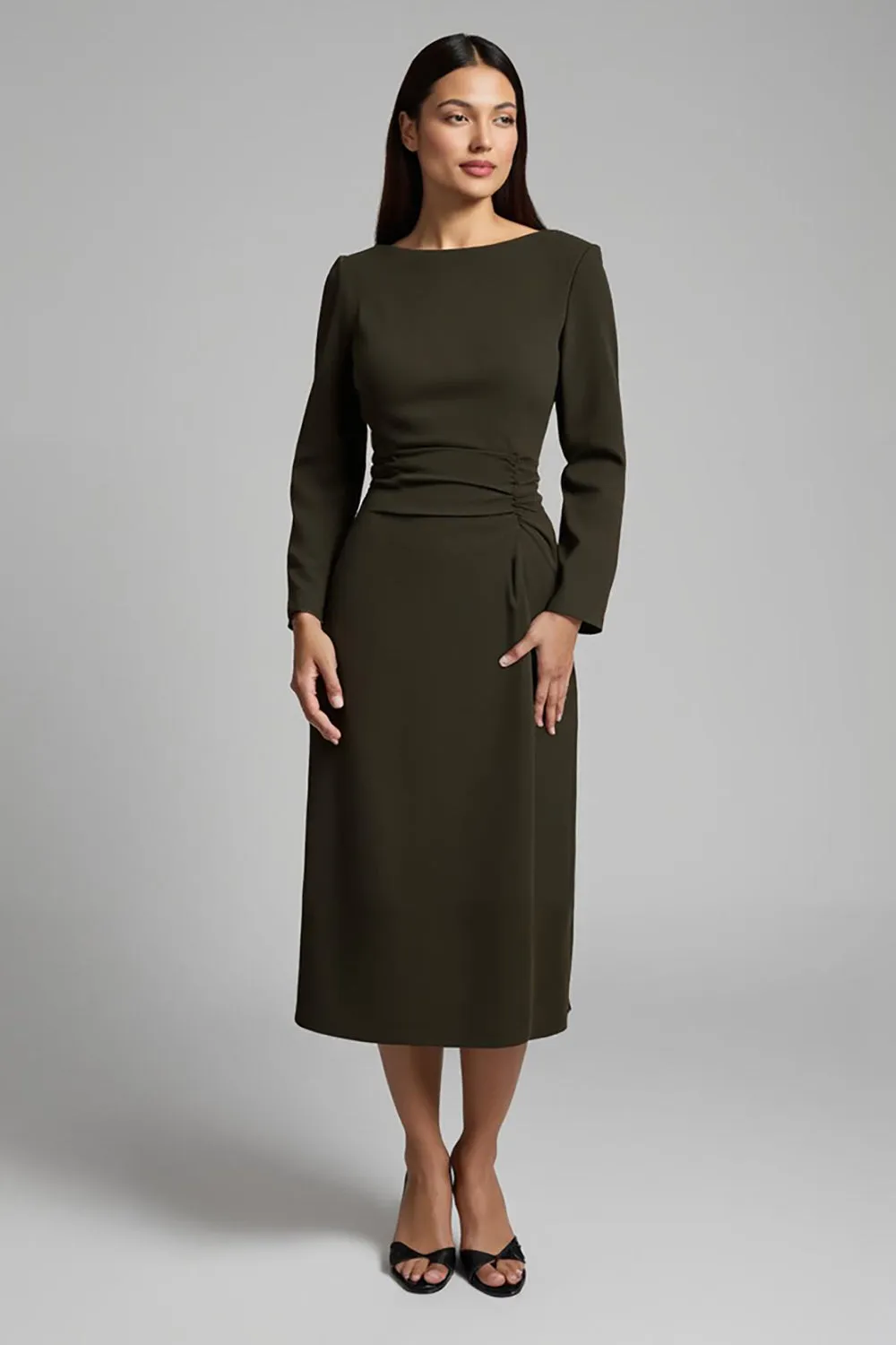 Dark Olive Satin Boat Neck Pencil Midi Work Dress With Sleeves sold by Zapaka