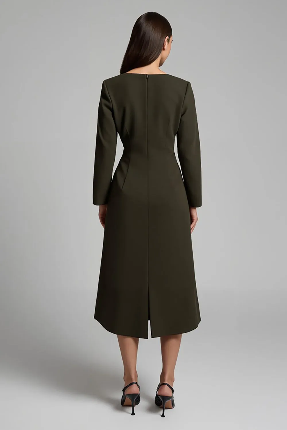 Dark Olive Satin Boat Neck Pencil Midi Work Dress With Sleeves sold by Zapaka product image thumbnail 2