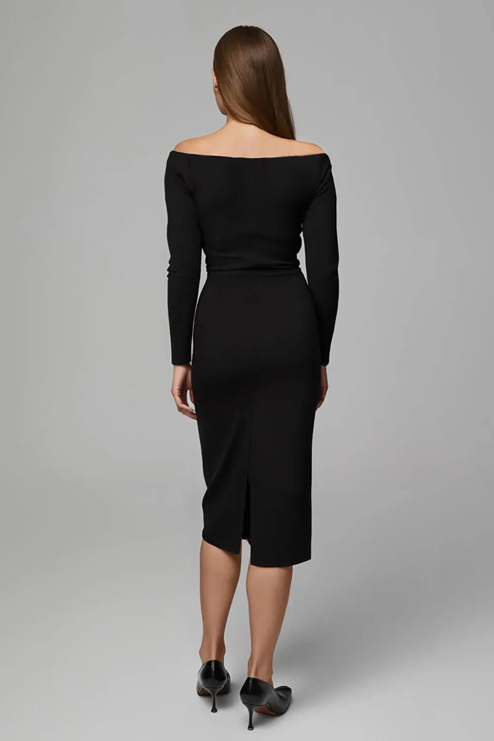 Black Satin Off The Shoulder Pencil Midi Work Dress with Sleeves sold by Zapaka product image thumbnail 2