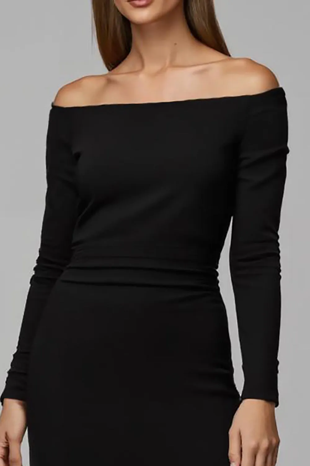 Black Satin Off The Shoulder Pencil Midi Work Dress with Sleeves sold by Zapaka product image thumbnail 3