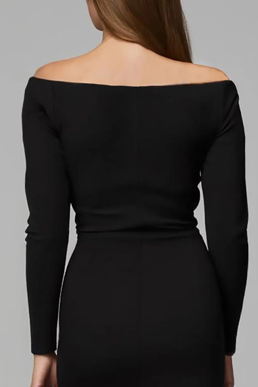 Black Satin Off The Shoulder Pencil Midi Work Dress with Sleeves sold by Zapaka product image thumbnail 4
