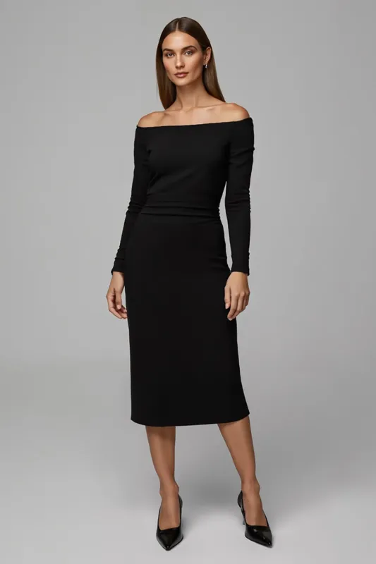 Black Satin Off The Shoulder Pencil Midi Work Dress with Sleeves sold by Zapaka