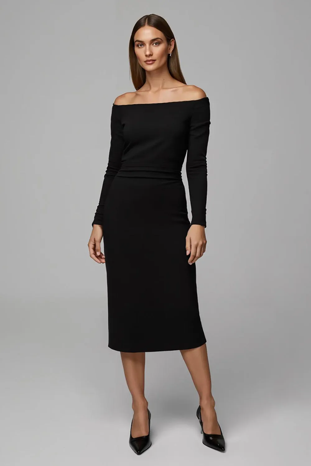 Black Satin Off The Shoulder Pencil Midi Work Dress with Sleeves sold by Zapaka
