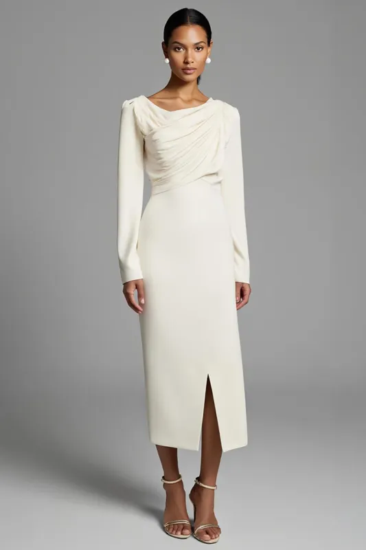 Ivory Ruched Pencil Long Sleeves Work Dress With Slit sold by Zapaka