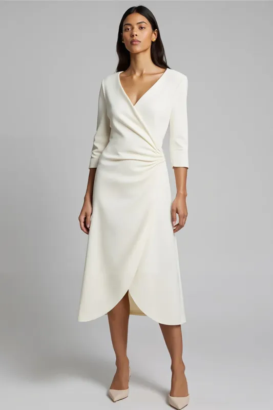 Ivory Ruched Satin V-Neck Midi Work Dress With Sleeves sold by Zapaka