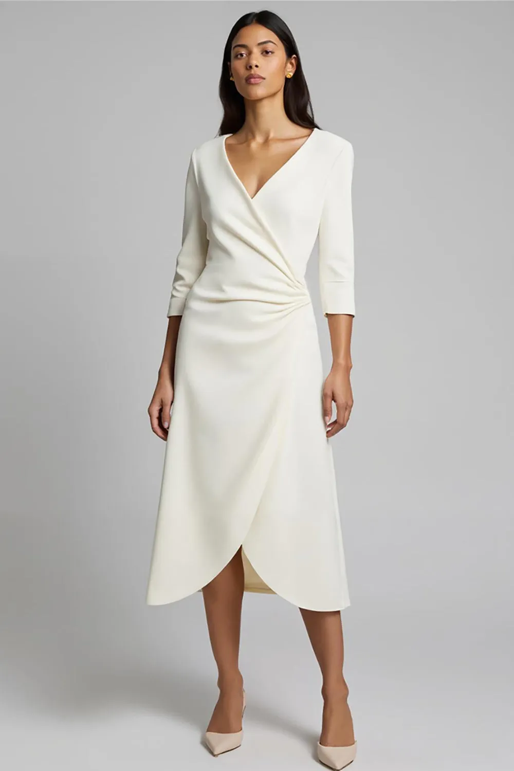 Ivory Ruched Satin V-Neck Midi Work Dress With Sleeves sold by Zapaka