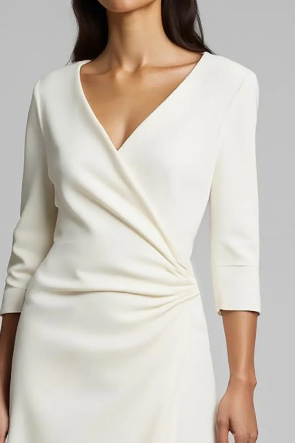 Ivory Ruched Satin V-Neck Midi Work Dress With Sleeves sold by Zapaka product image thumbnail 2