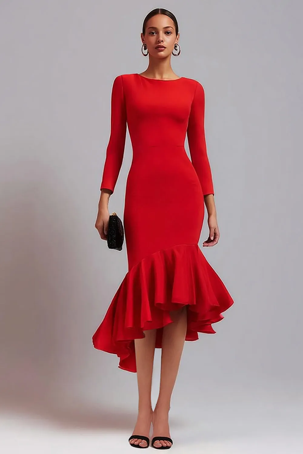 Red Satin Long Sleeves Mermaid Midi Work Dress With Ruffles sold by Zapaka
