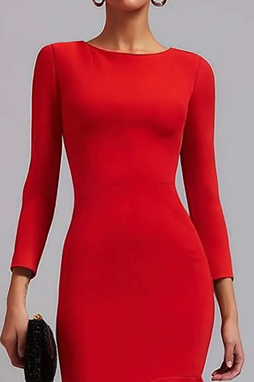 Red Satin Long Sleeves Mermaid Midi Work Dress With Ruffles sold by Zapaka product image thumbnail 2