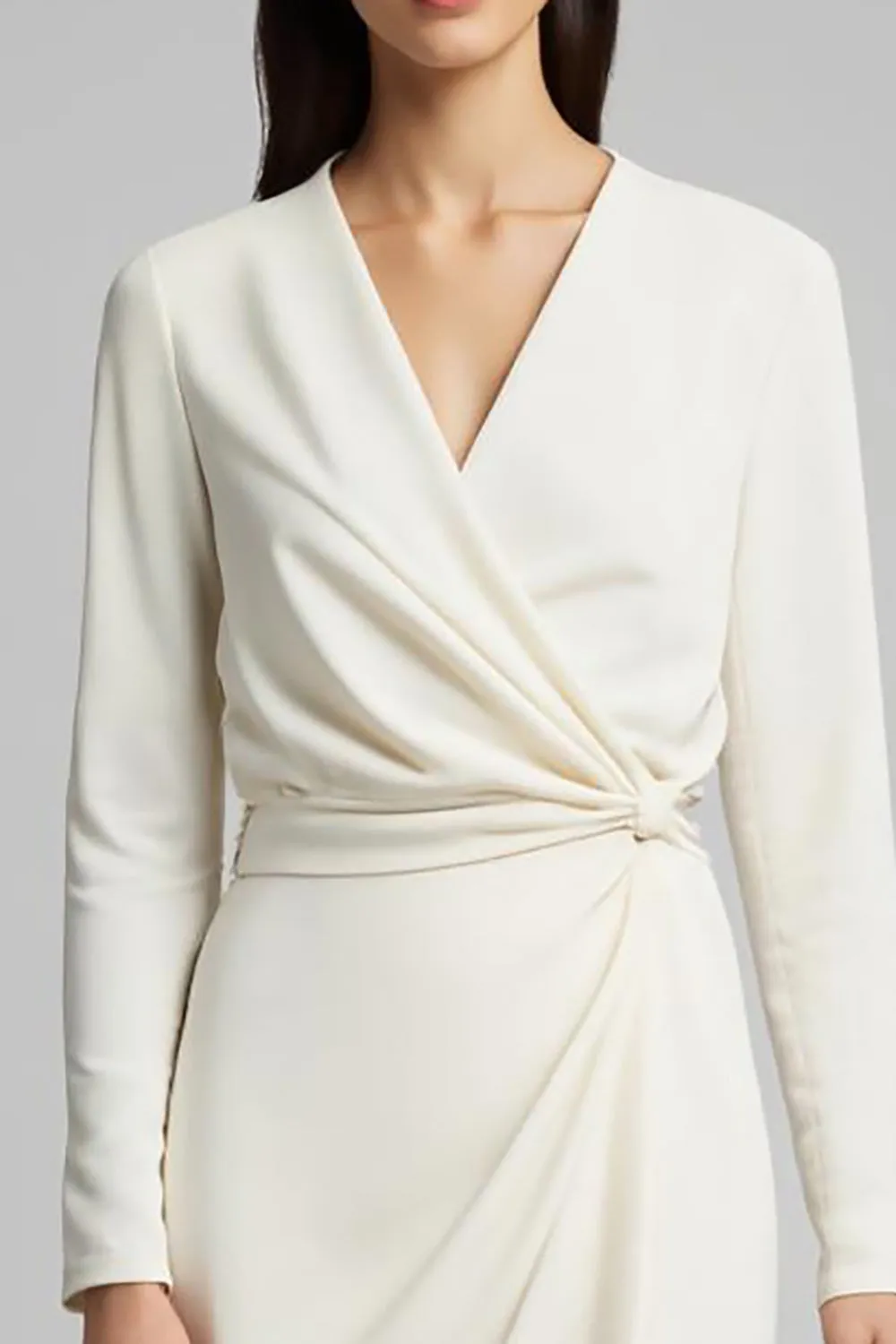 Ivory Ruched Satin Pencil Long Sleeves Midi Work Dress With Slit sold by Zapaka product image thumbnail 3