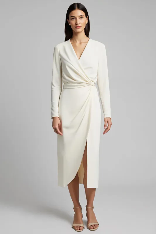 Ivory Ruched Satin Pencil Long Sleeves Midi Work Dress With Slit sold by Zapaka