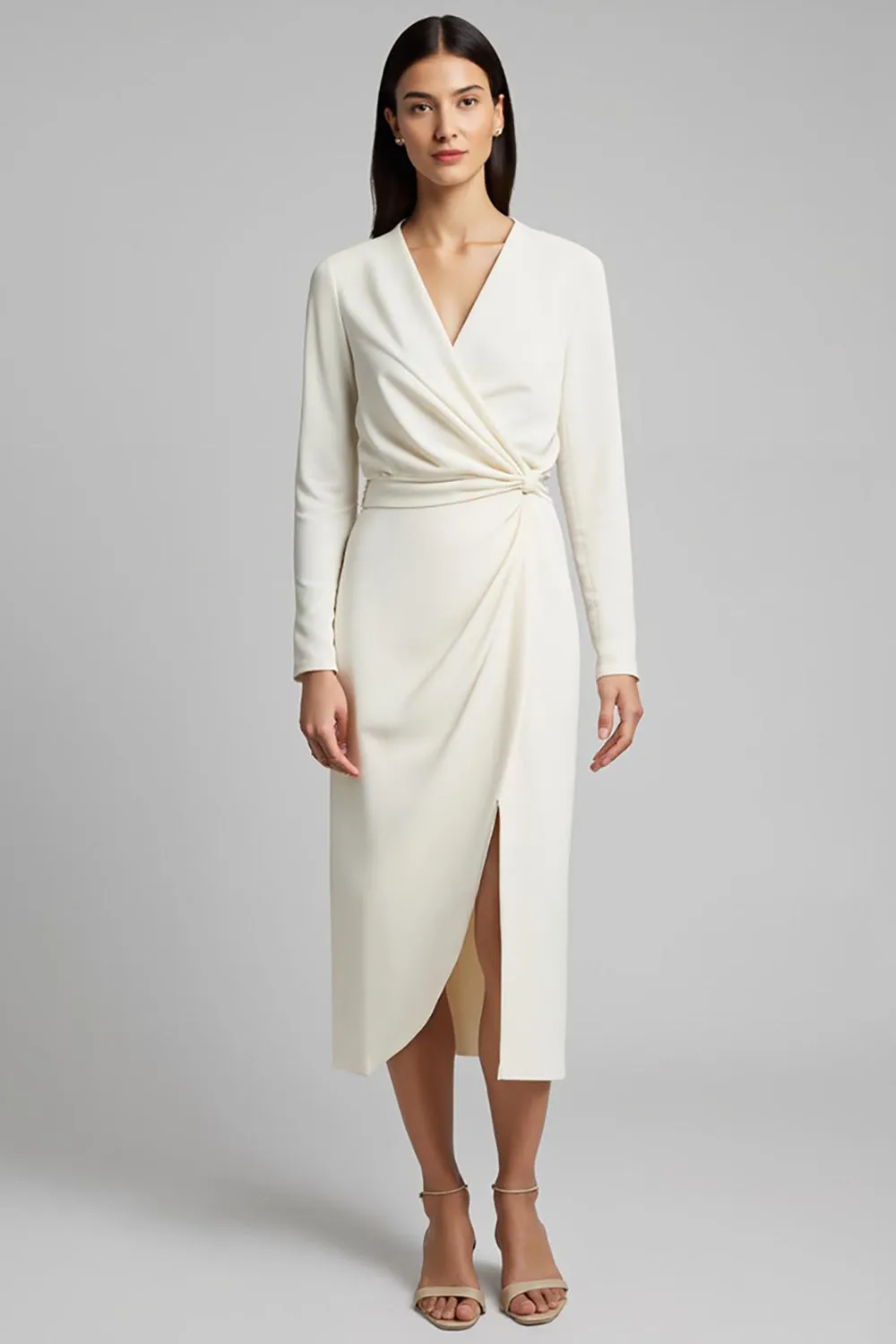 Ivory Ruched Satin Pencil Long Sleeves Midi Work Dress With Slit sold by Zapaka