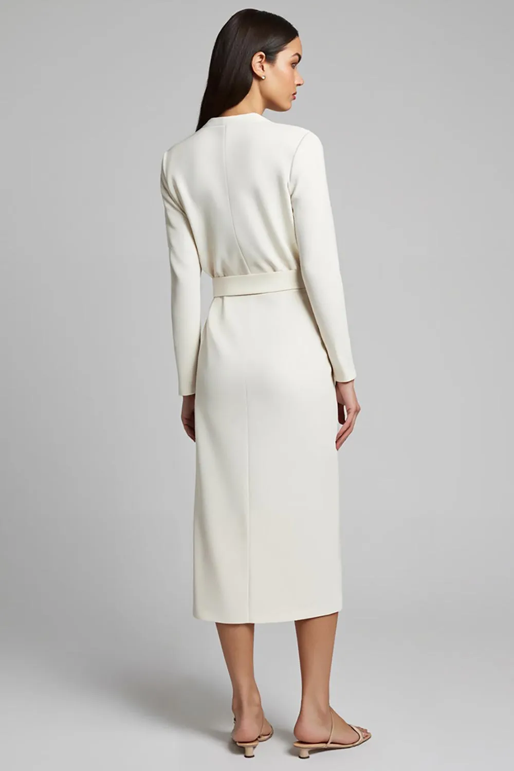 Ivory Ruched Satin Pencil Long Sleeves Midi Work Dress With Slit sold by Zapaka product image thumbnail 2