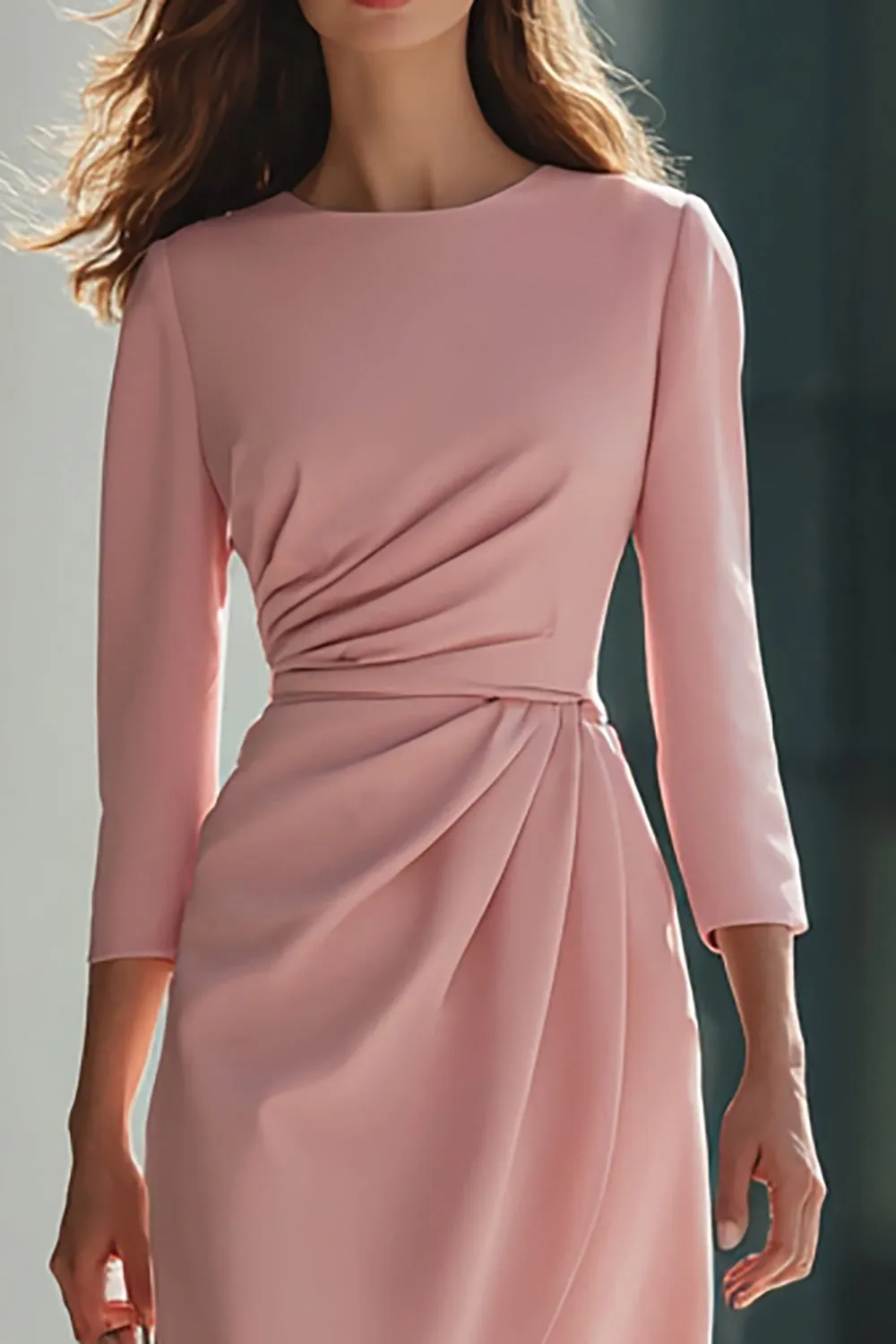 Pink Sheath Ruched 3/4 Sleeve Midi Work Dress sold by Zapaka product image thumbnail 2