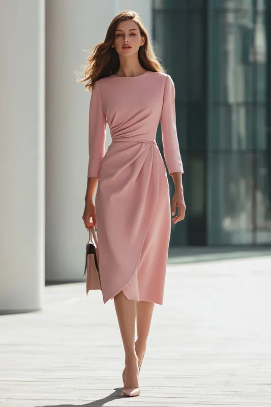 Pink Sheath Ruched 3/4 Sleeve Midi Work Dress sold by Zapaka