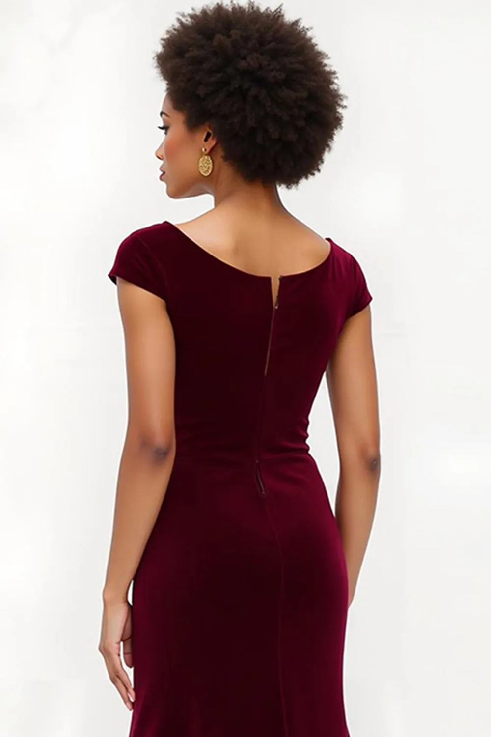 Burgundy Mermaid Bateau Neck Velvet Holiday Dress sold by Zapaka product image thumbnail 5