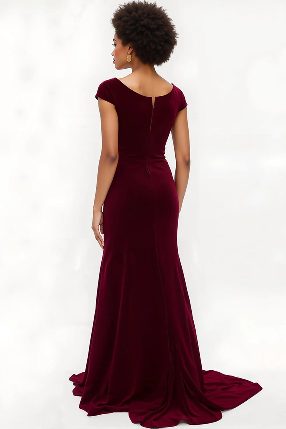 Burgundy Mermaid Bateau Neck Velvet Holiday Dress sold by Zapaka product image thumbnail 2