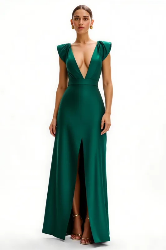 Dark Green Satin Deep V Neck Sheath Holiday Dress sold by Zapaka