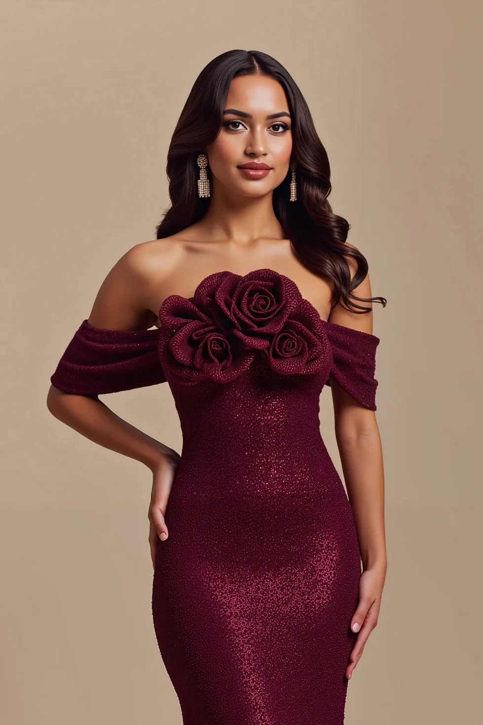 Sparkly Burgundy Mermaid Floral Long Holiday Party Dress sold by Zapaka product image thumbnail 3