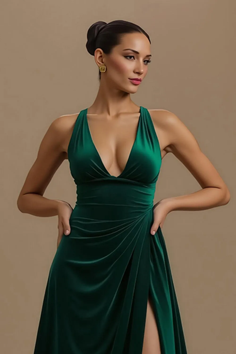 Dark Green A Line V Neck Velvet Holiday Dress sold by Zapaka product image thumbnail 3