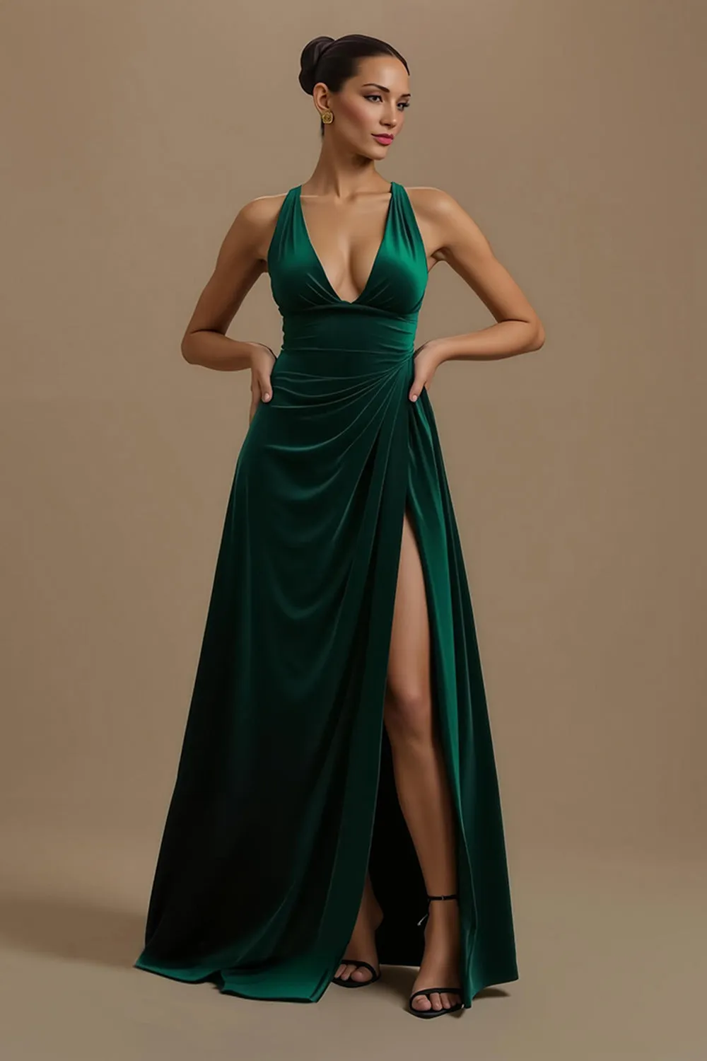 Dark Green A Line V Neck Velvet Holiday Dress sold by Zapaka