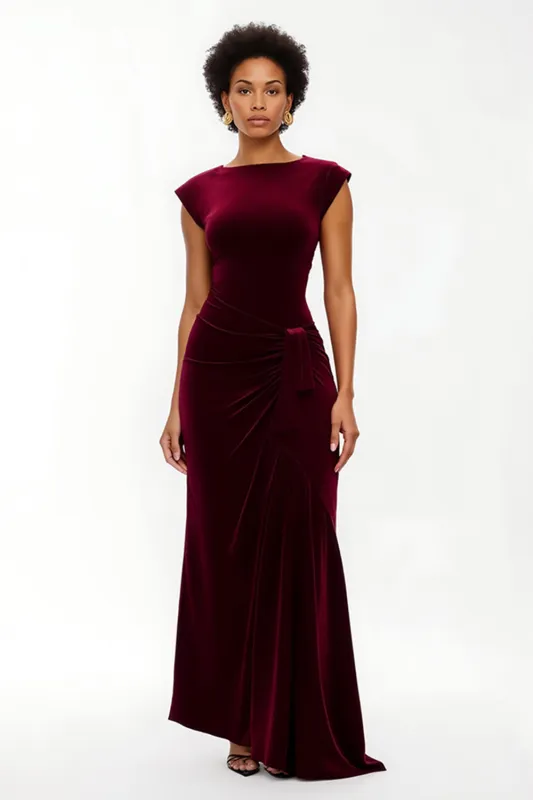 Burgundy Sheath Bateau Neck Long Holiday Dress sold by Zapaka