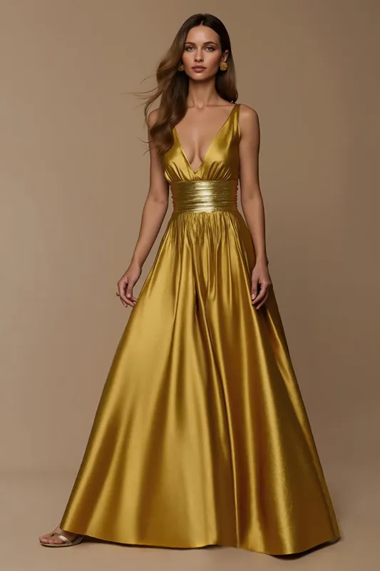 Golden Metallic Satin Deep V Neck A Line Holiday Dress sold by Zapaka
