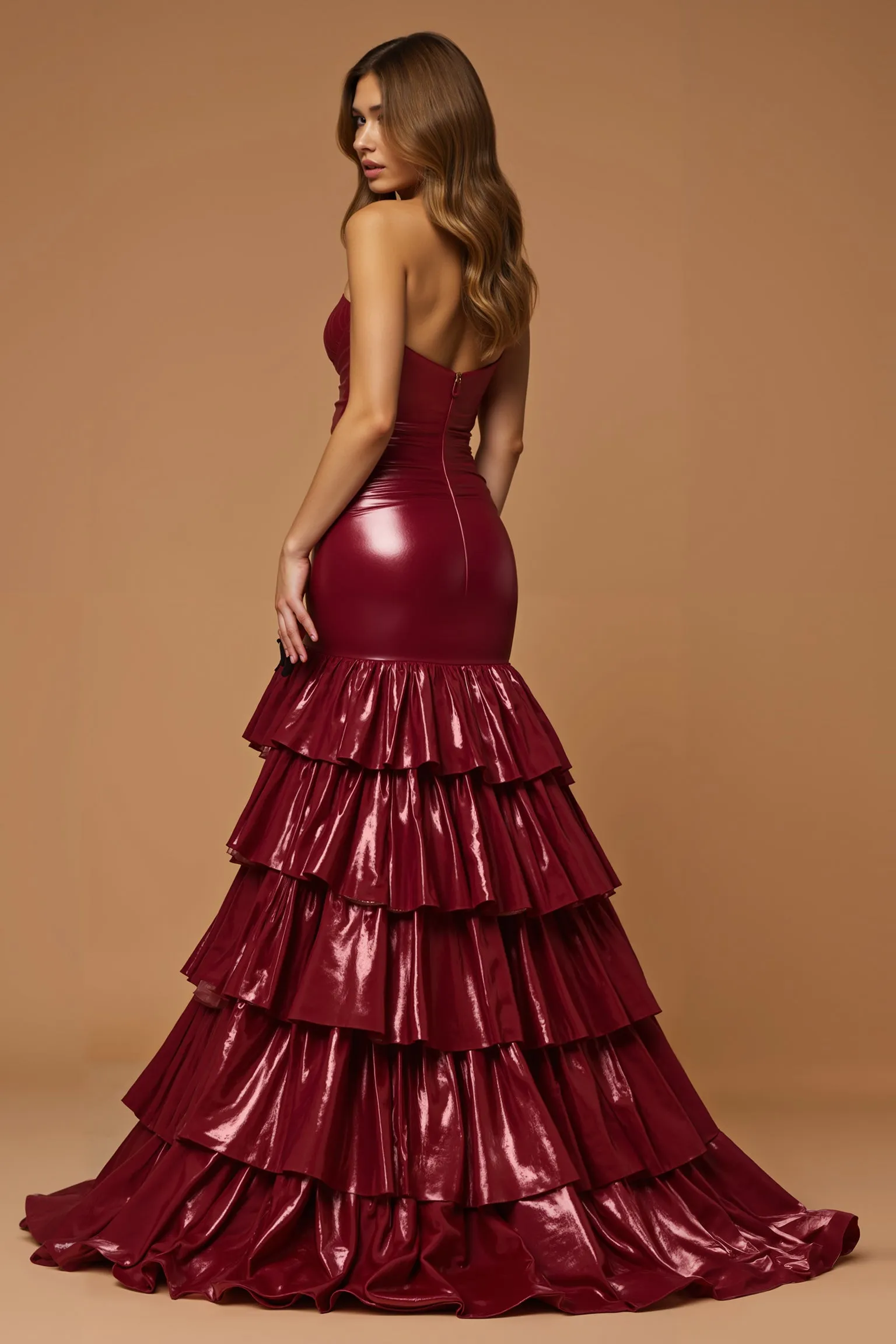 Burgundy Strapless Tiered A Line Metallic Holiday Dress sold by Zapaka product image thumbnail 2