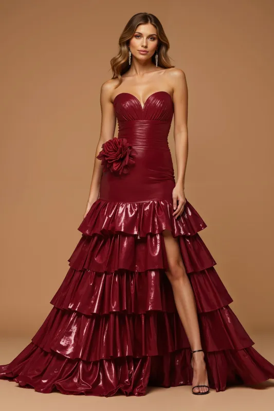 Burgundy Strapless Tiered A Line Metallic Holiday Dress sold by Zapaka