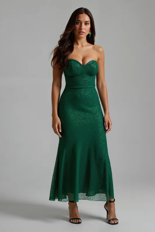 Sparkly Dark Green Strapless Sheath Long Holiday Dress sold by Zapaka