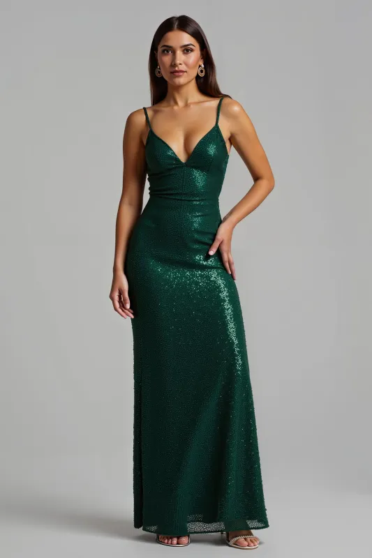 Sparkly Dark Green Sheath Long Holiday Dress With Slit sold by Zapaka