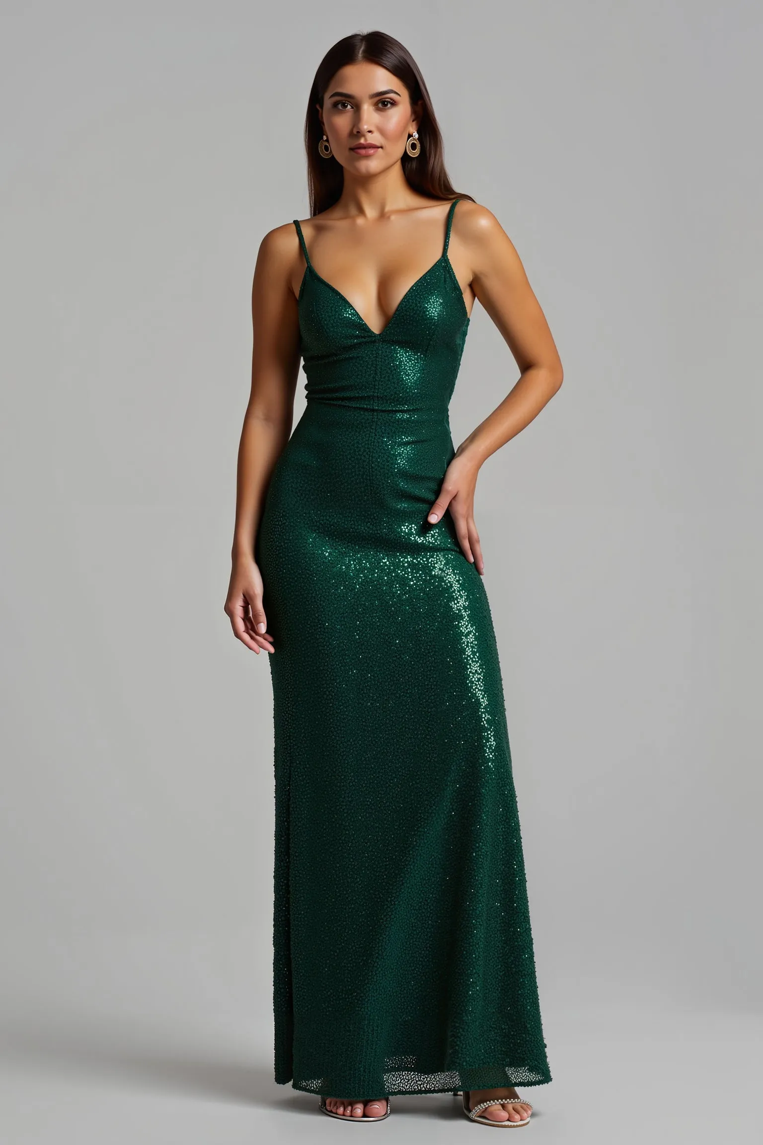 Sparkly Dark Green Sheath Long Holiday Dress With Slit sold by Zapaka