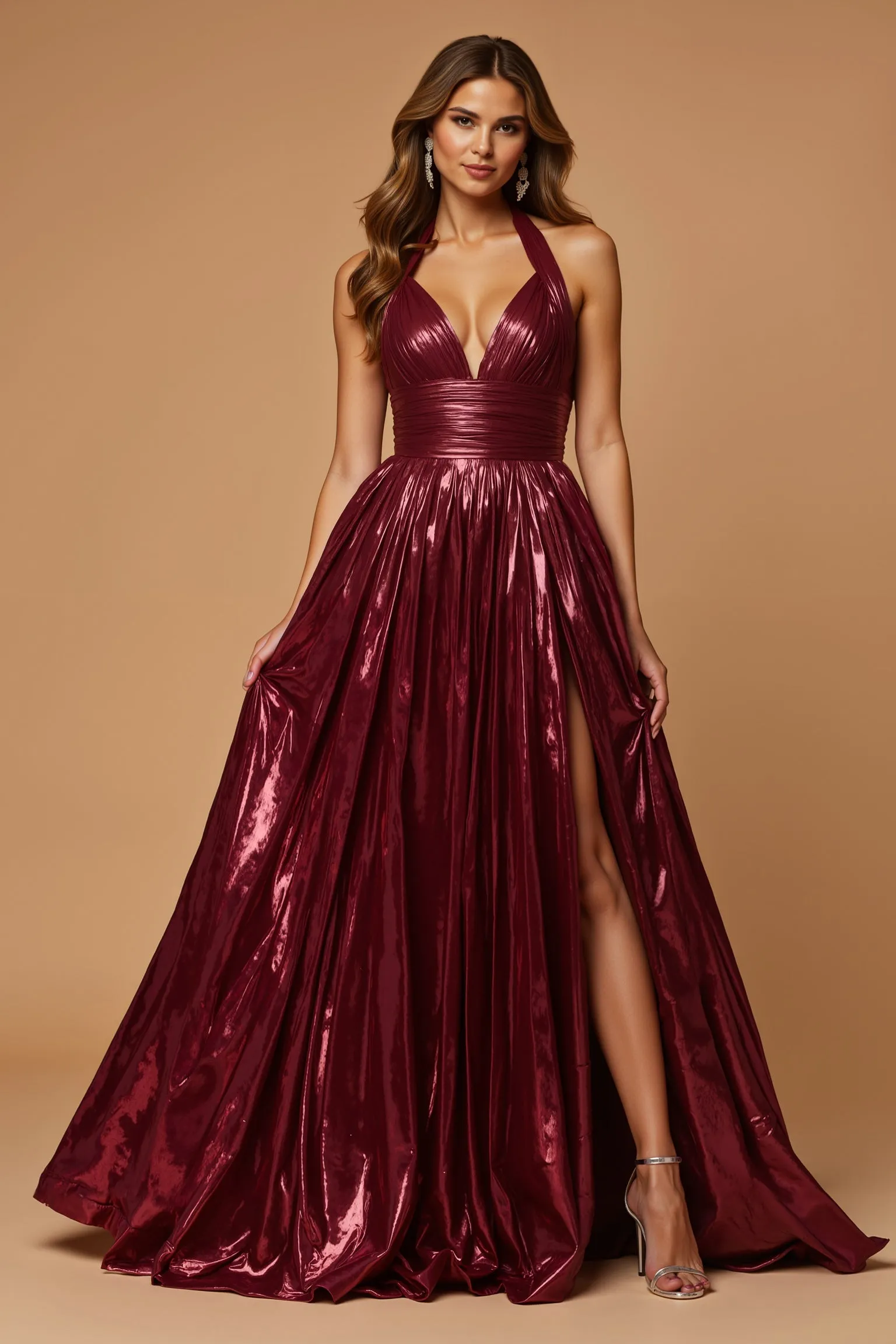 Burgundy Halter A Line Metallic Holiday Dress sold by Zapaka