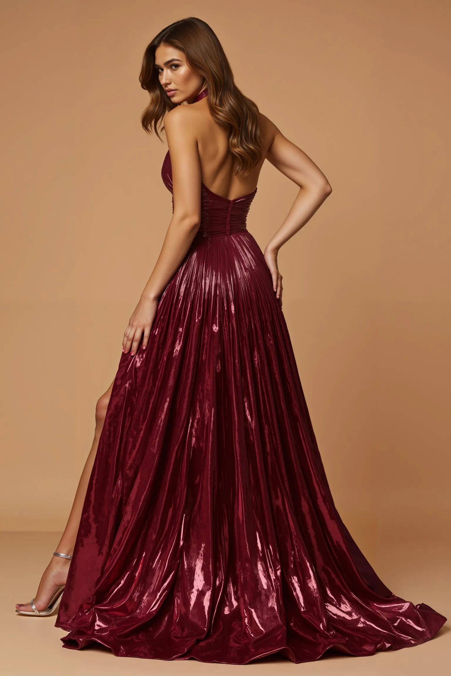 Burgundy Halter A Line Metallic Holiday Dress sold by Zapaka product image thumbnail 2