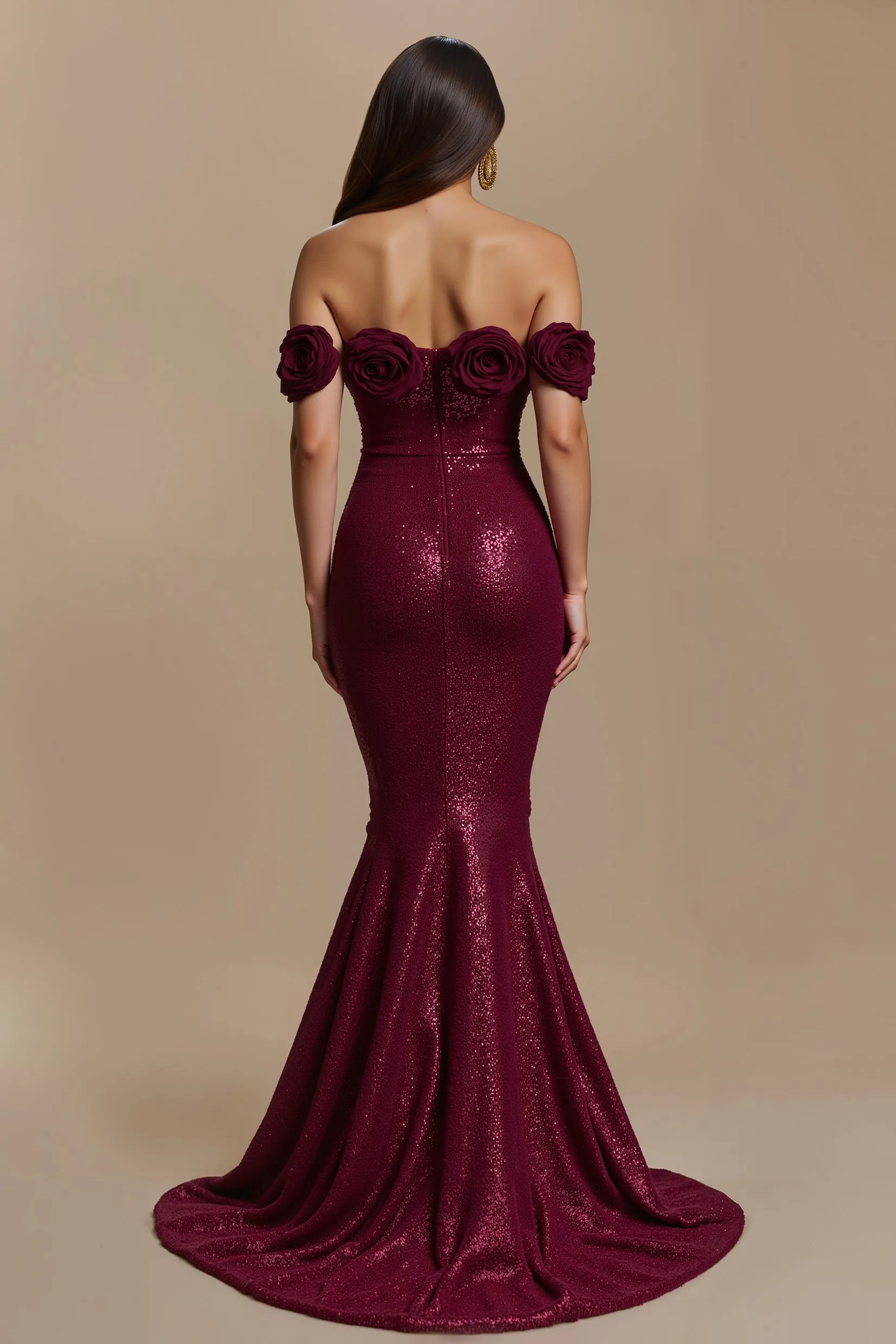 Burgundy Mermaid Off The Shoulder Holiday Dress with 3D Flowers sold by Zapaka product image thumbnail 2