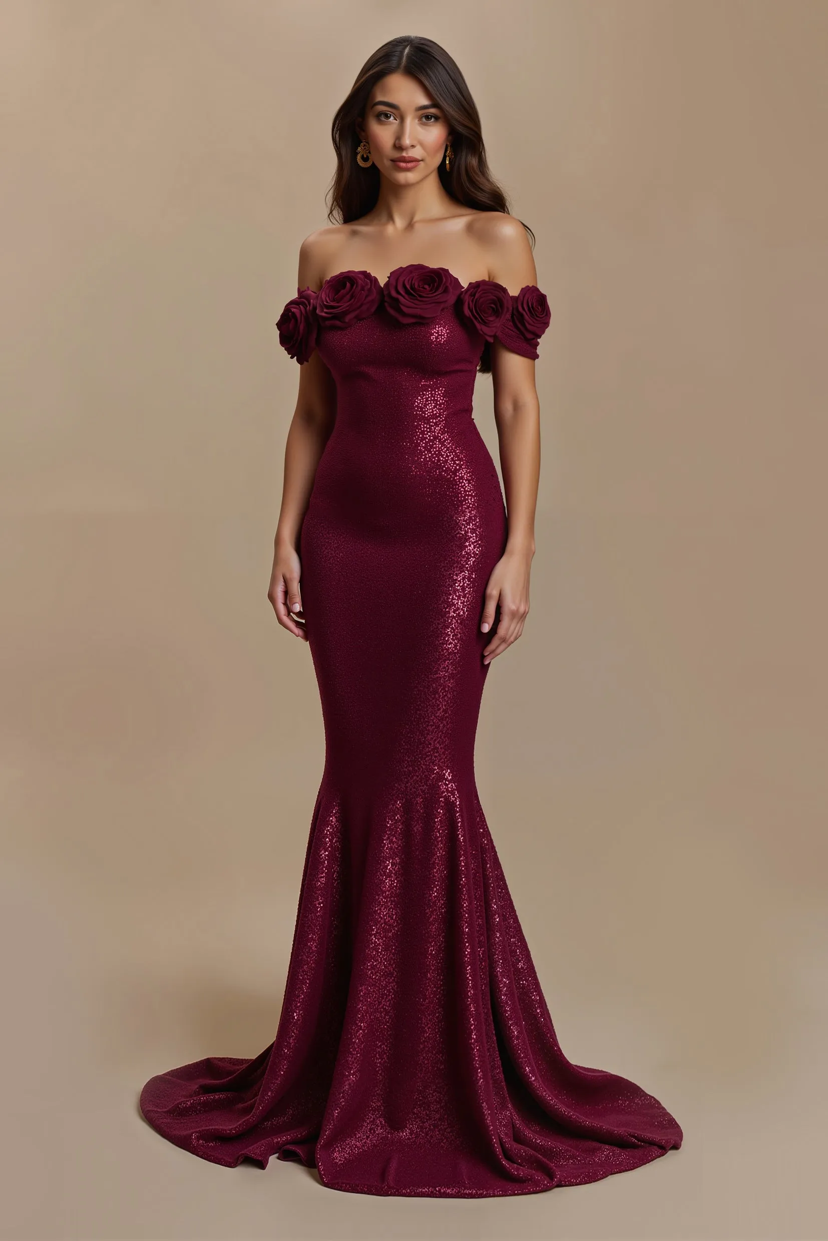 Burgundy Mermaid Off The Shoulder Holiday Dress with 3D Flowers sold by Zapaka