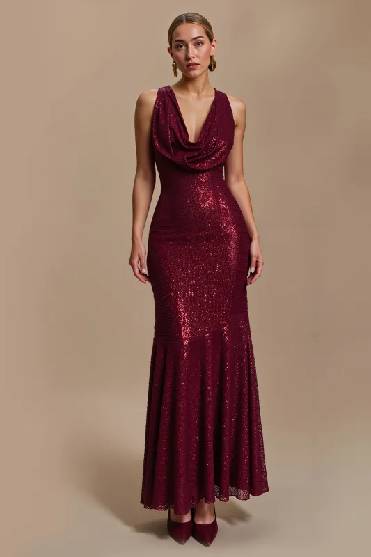 Burgundy Cowl Neck Sheath Sequin Long Holiday Dress sold by Zapaka