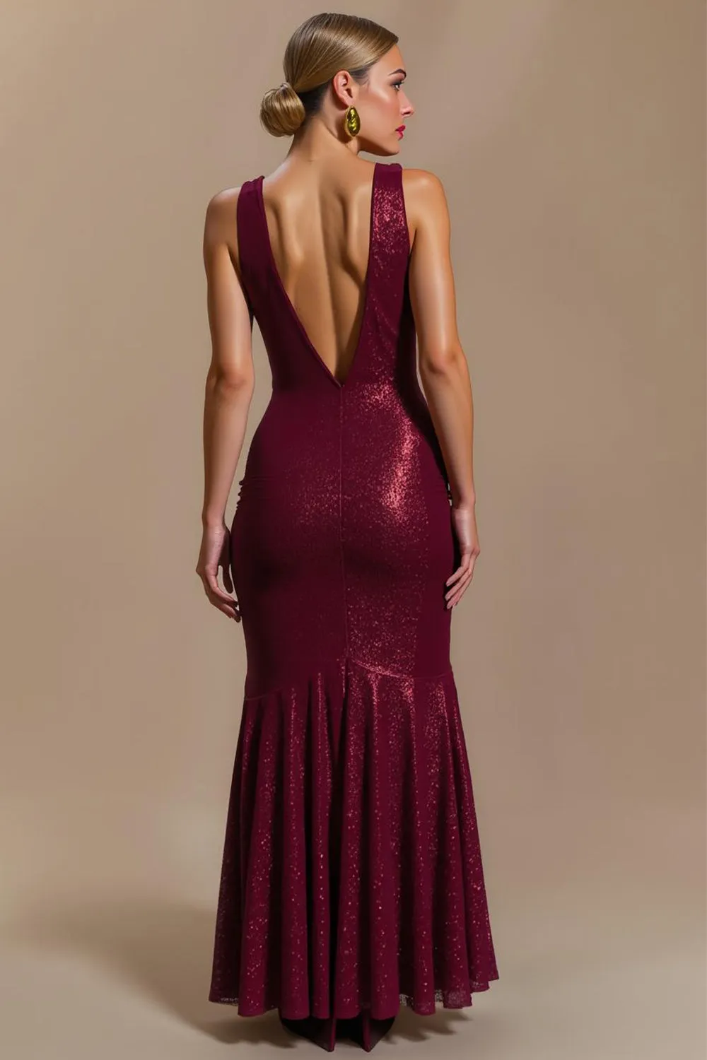 Burgundy Cowl Neck Sheath Sequin Long Holiday Dress sold by Zapaka product image thumbnail 2