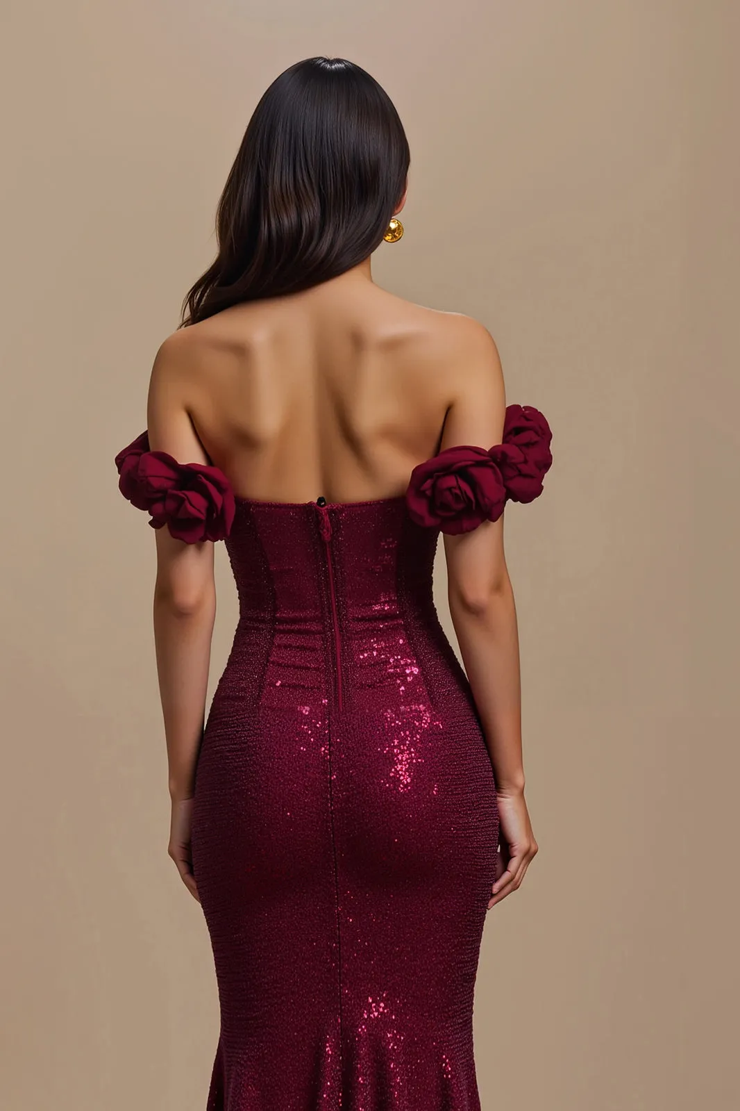 Burgundy Sequin Mermaid Off The Shoulder Holiday Dress sold by Zapaka product image thumbnail 4