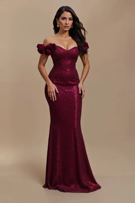 Burgundy Sequin Mermaid Off The Shoulder Holiday Dress sold by Zapaka
