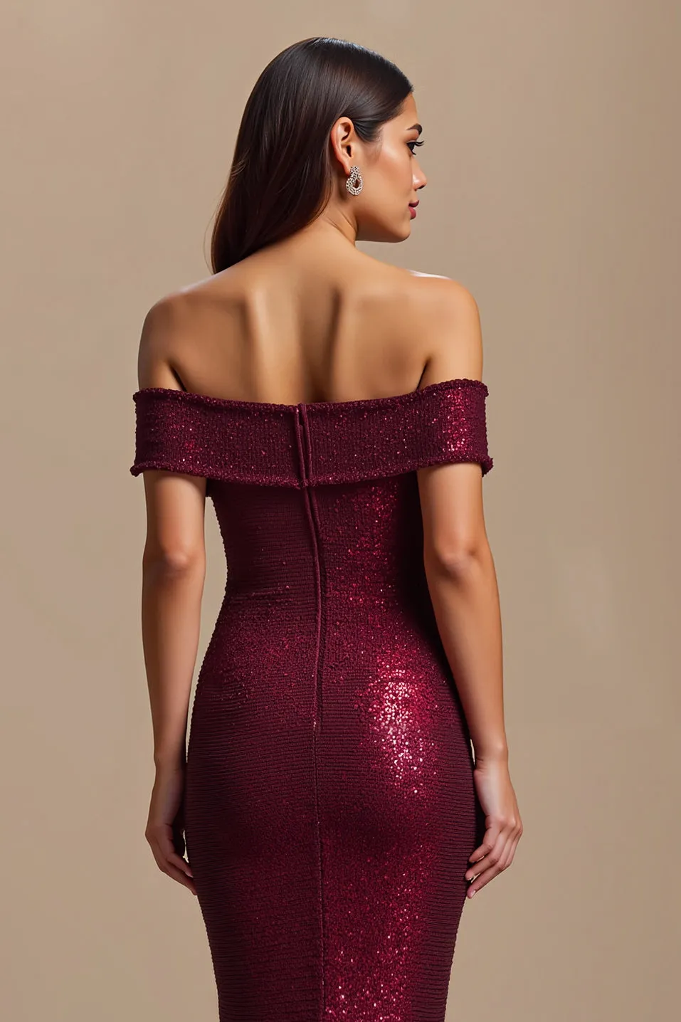 Burgundy Mermaid Off The Shoulder Sequin Holiday Dress sold by Zapaka product image thumbnail 4