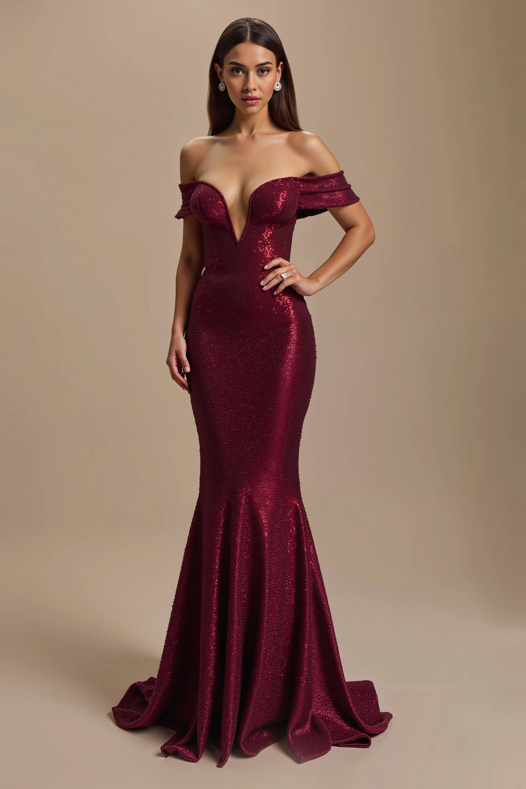 Burgundy Mermaid Off The Shoulder Sequin Holiday Dress sold by Zapaka