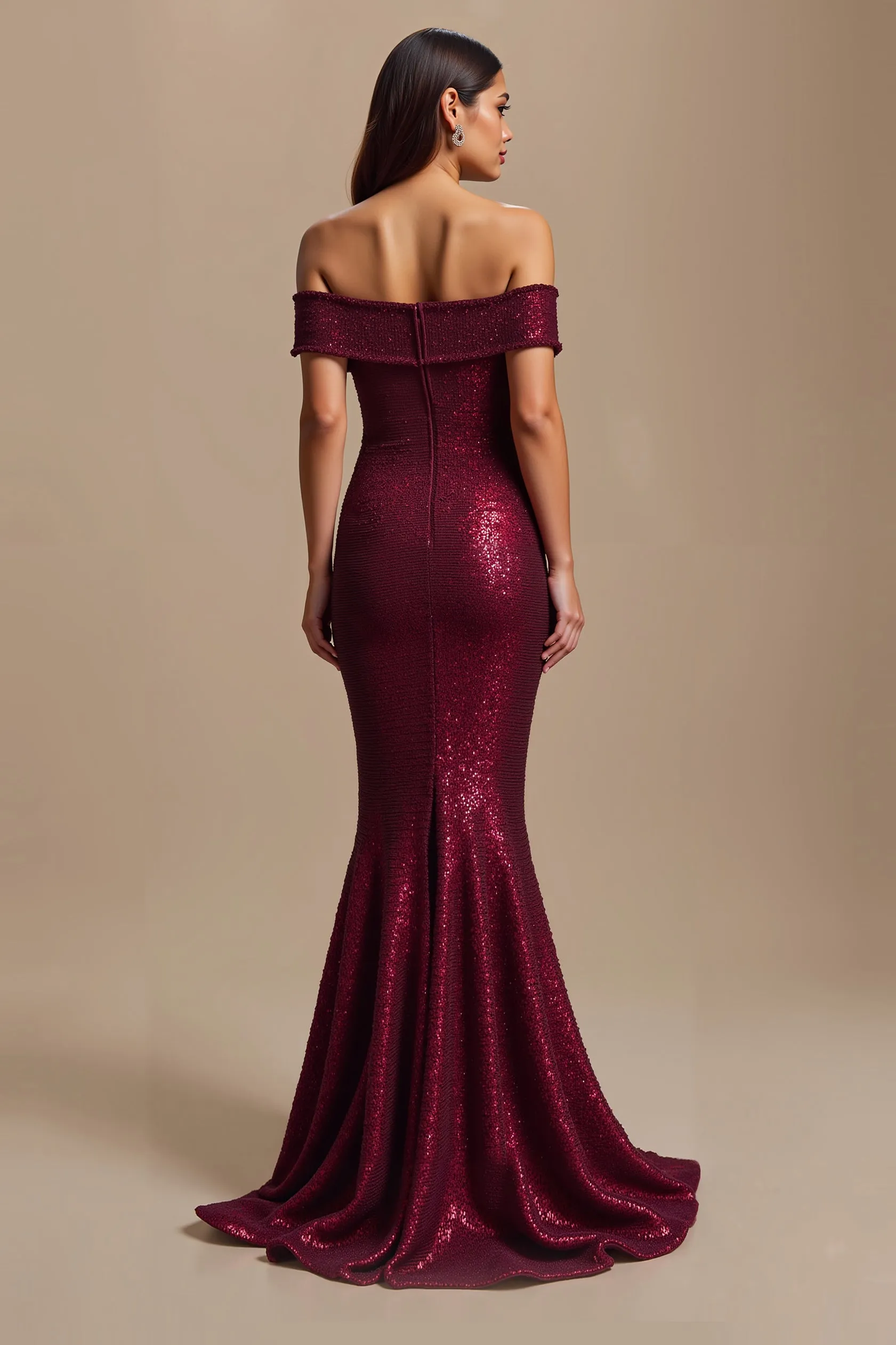 Burgundy Mermaid Off The Shoulder Sequin Holiday Dress sold by Zapaka product image thumbnail 2