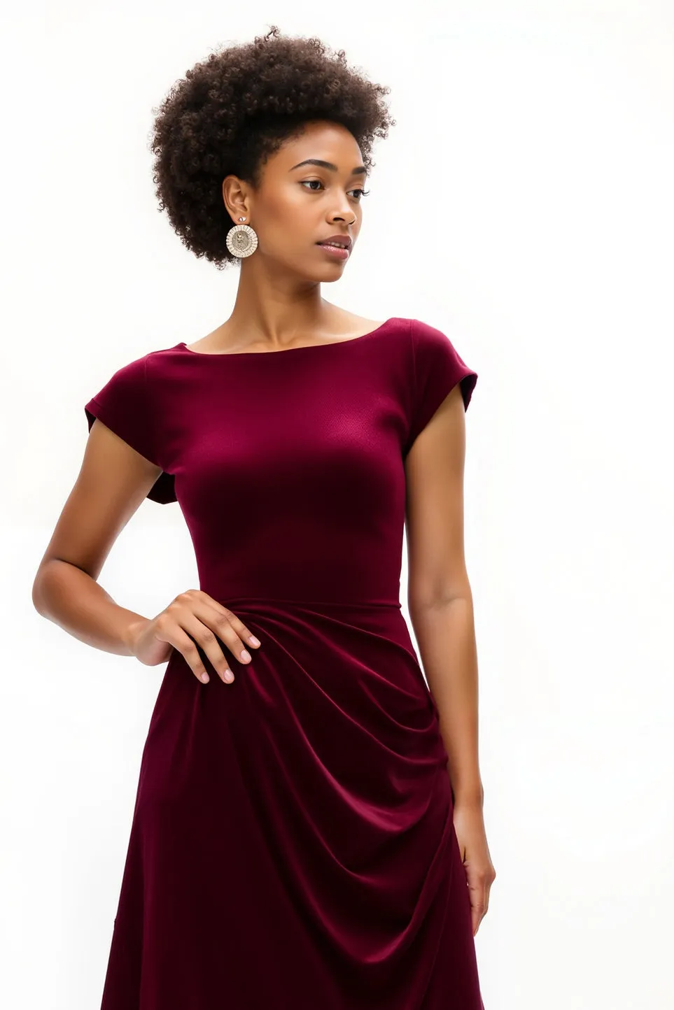 Burgundy A Line Boat Neck Ruched Holiday Dress sold by Zapaka product image thumbnail 3