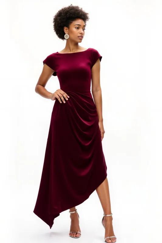 Burgundy A Line Boat Neck Ruched Holiday Dress sold by Zapaka